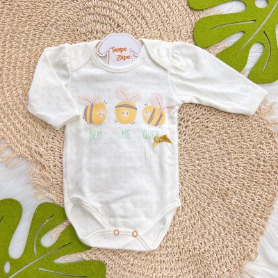 Kit 3 Peças - Bodys Manga Longa Bem Me Quer Abelhas - Amarelo, Off White e Mostarda